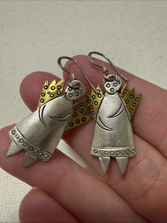 925 Sterling Silver Jewelry - Sterling Silver 925 Two-toned Angel Drop Earrings